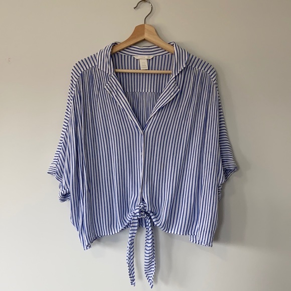 H&M Tops - H&M Stripe Tie Front Linen Button Down Short Blouse